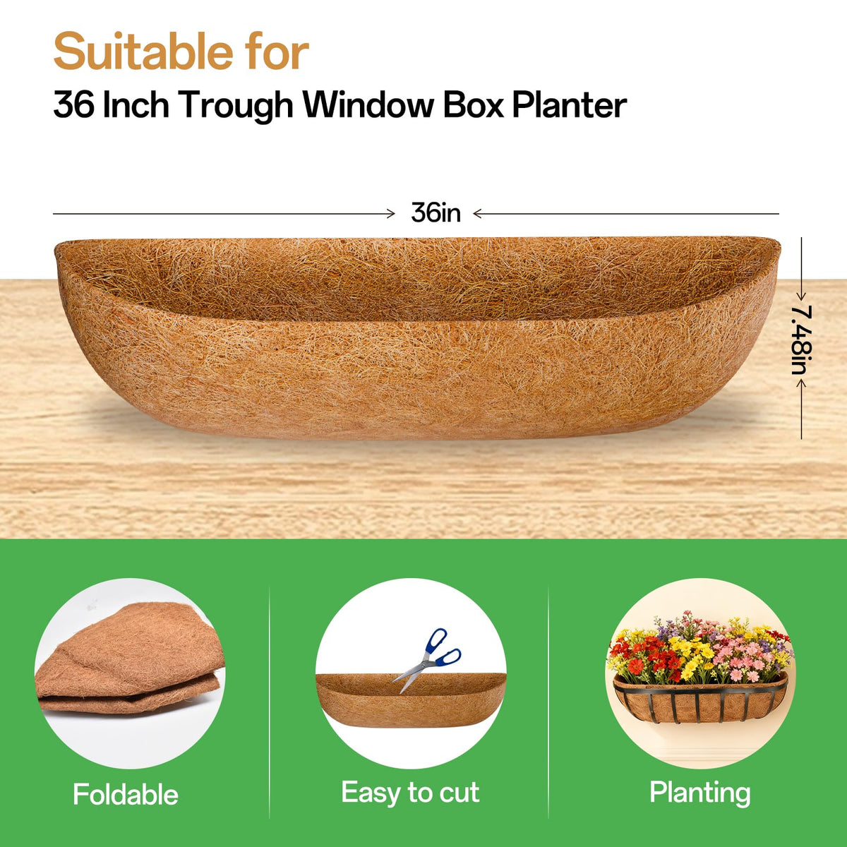 ZeeDix natural coconut fiber liner, durable in sun and rain for planter use.