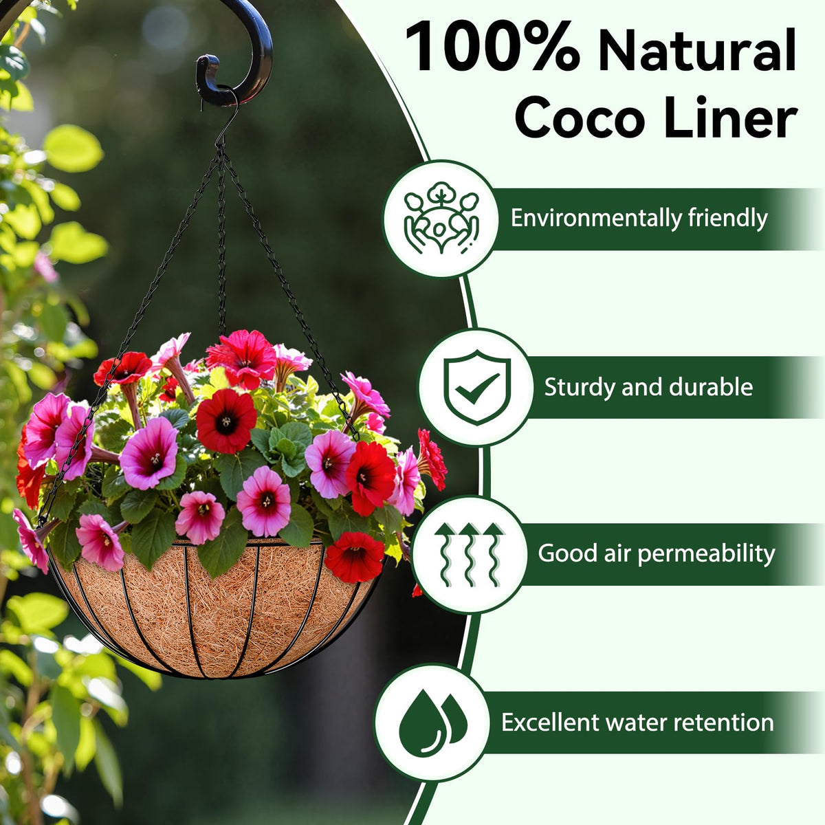 ZeeDix round coconut liner in garden pot demonstrates slow water release.