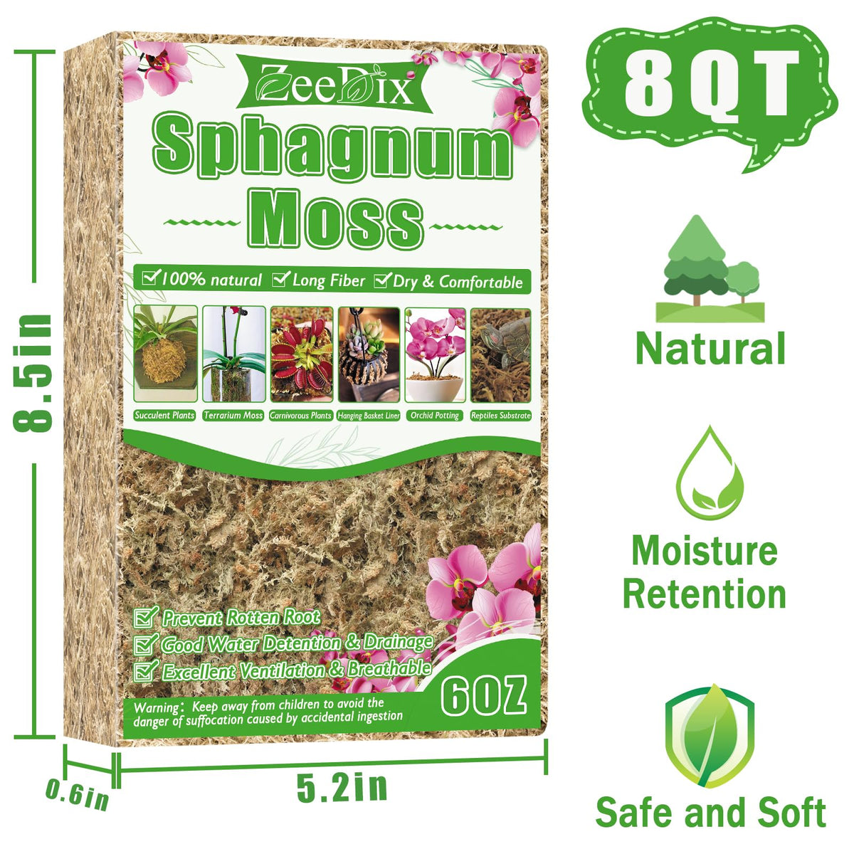 ZeeDix sphagnum moss close-up reveals soft fibers ideal for orchid roots.