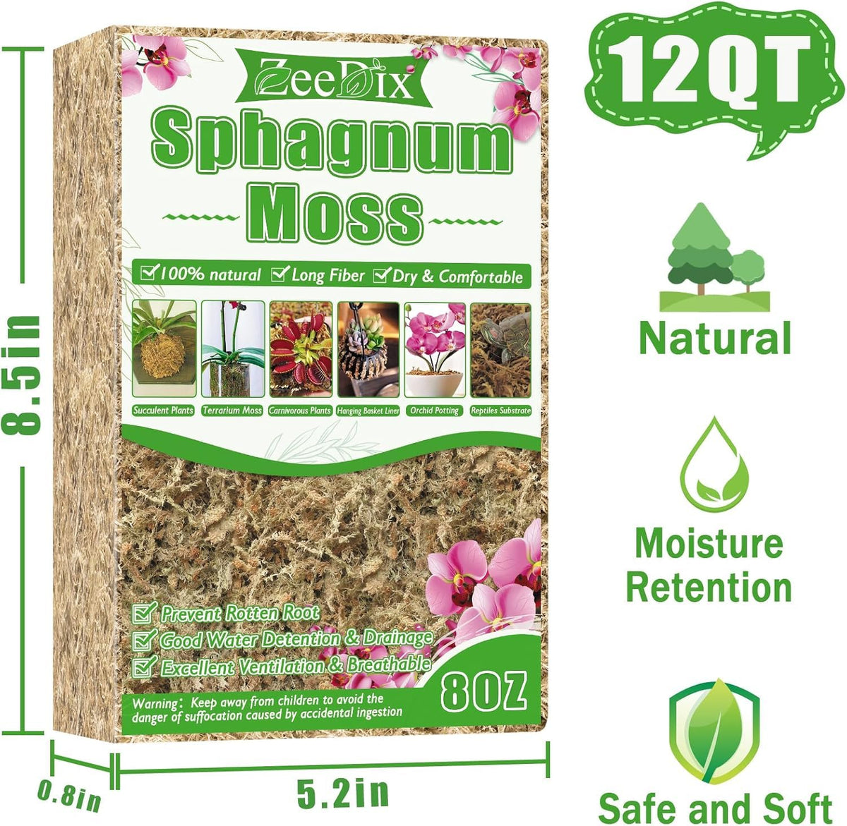 Dried long-fiber ZeeDix sphagnum moss close-up texture for potting