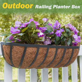Zeedix railing planters shown on fence and balcony for greenery.