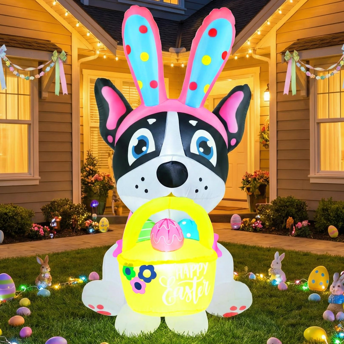 Zeepair Easter French Bulldog front view with egg basket for a bright yard display.
