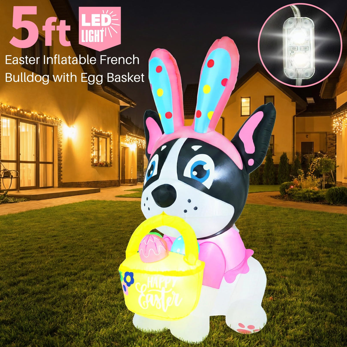 Zeepair Easter French Bulldog LED lighting turned on for warm night ambience.