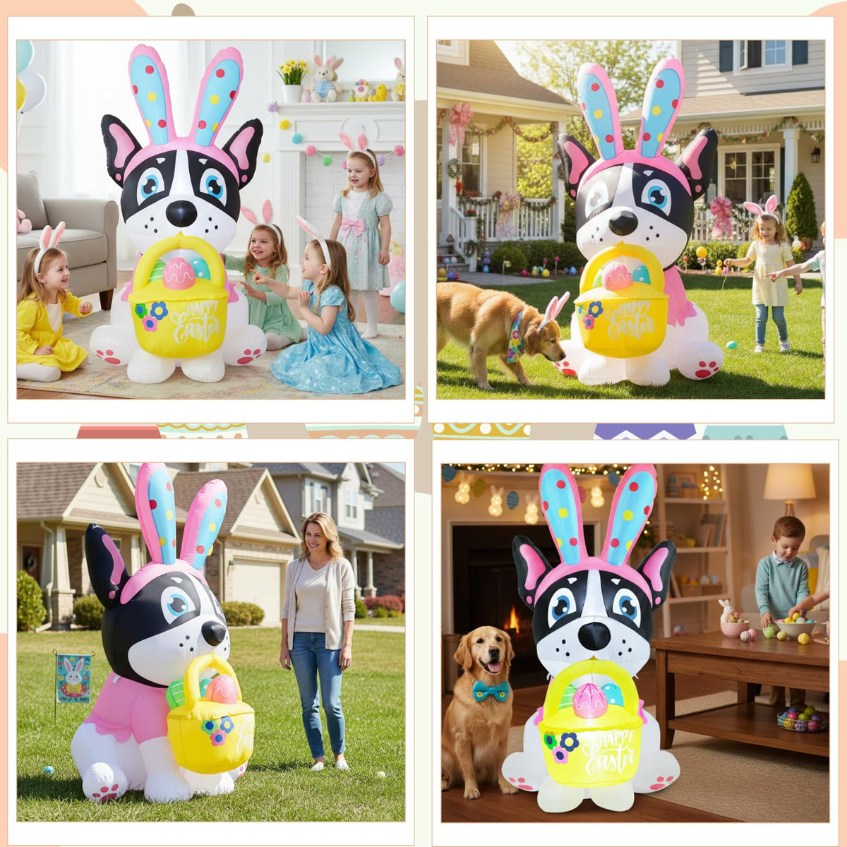 Zeepair Easter French Bulldog secure setup with stakes and sandbags.