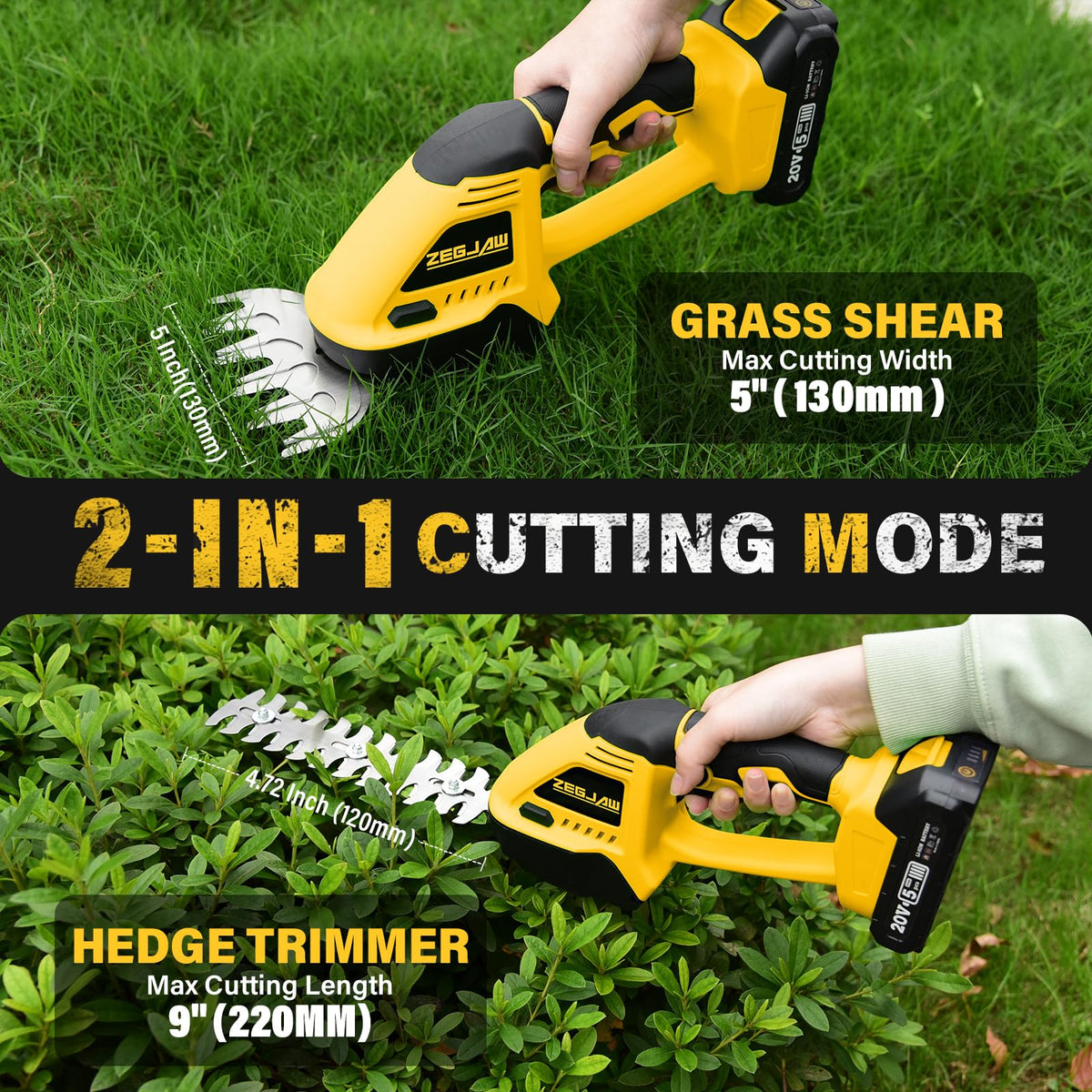 ZEGJAW 2-in-1 shrub trimmer side view ready for hedge shaping.