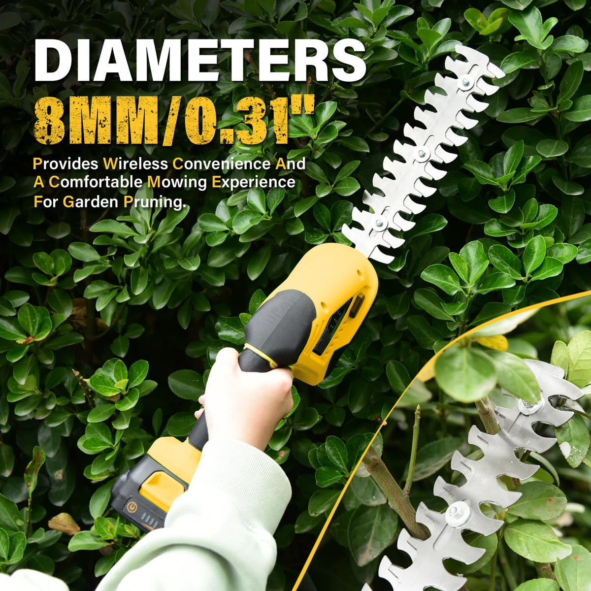 ZEGJAW hedge trimmer in action across a dense shrub.