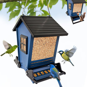 ZeHaiYlf squirrel-proof bird feeder outdoors with two ports for easy seed access and monitoring.