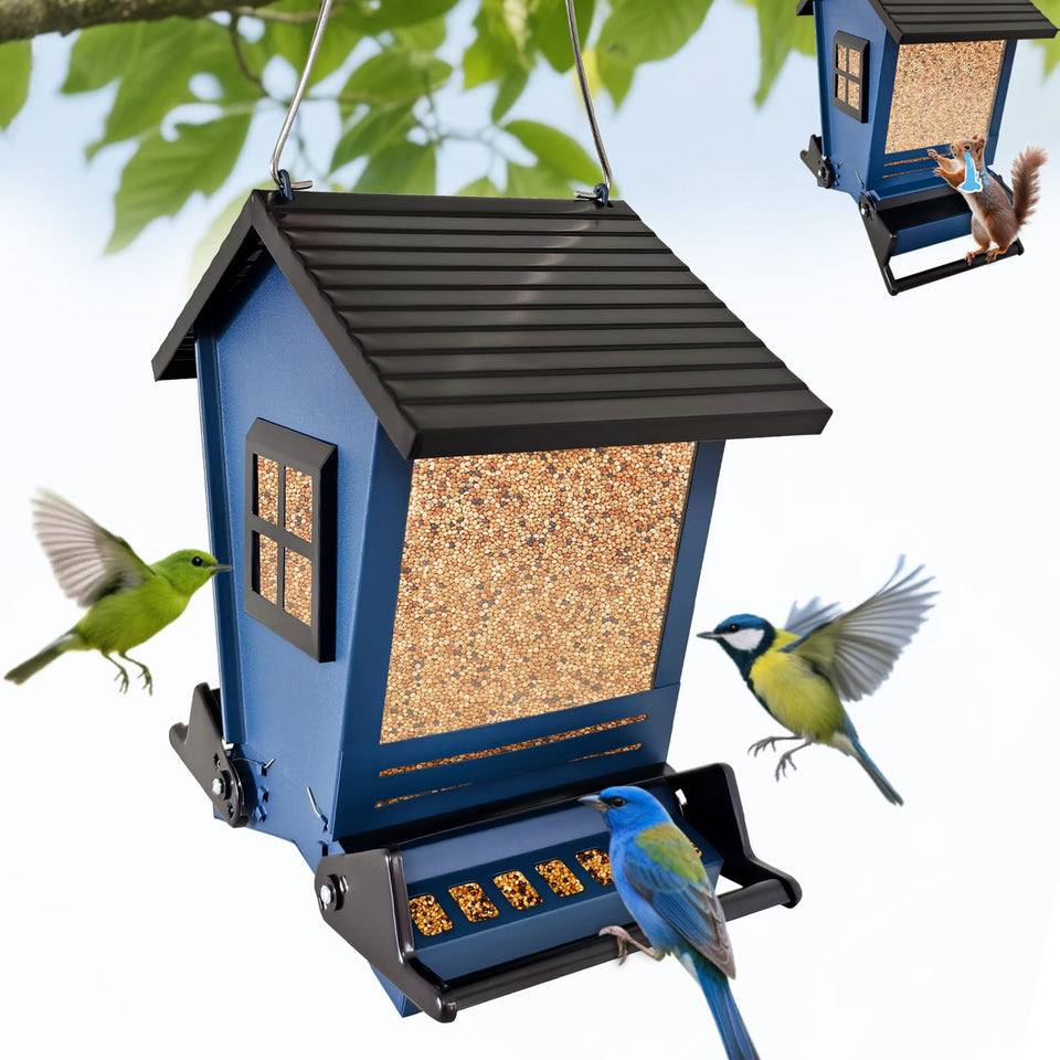 ZeHaiYlf squirrel-proof bird feeder outdoors with two ports for easy seed access and monitoring.