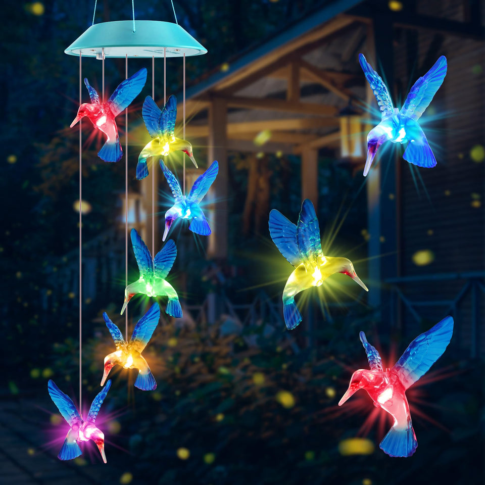 Zeiliuled solar hummingbird wind chime lighting the garden at dusk for outdoor ambiance