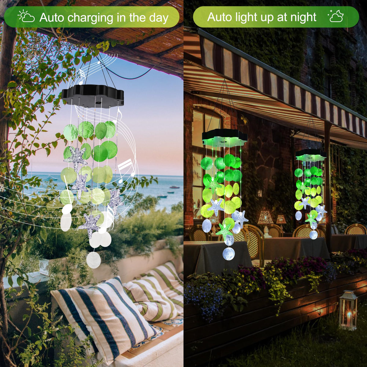 Zeiliuled Solar Shell Wind Chime emits a gentle night light for cozy yard ambience.