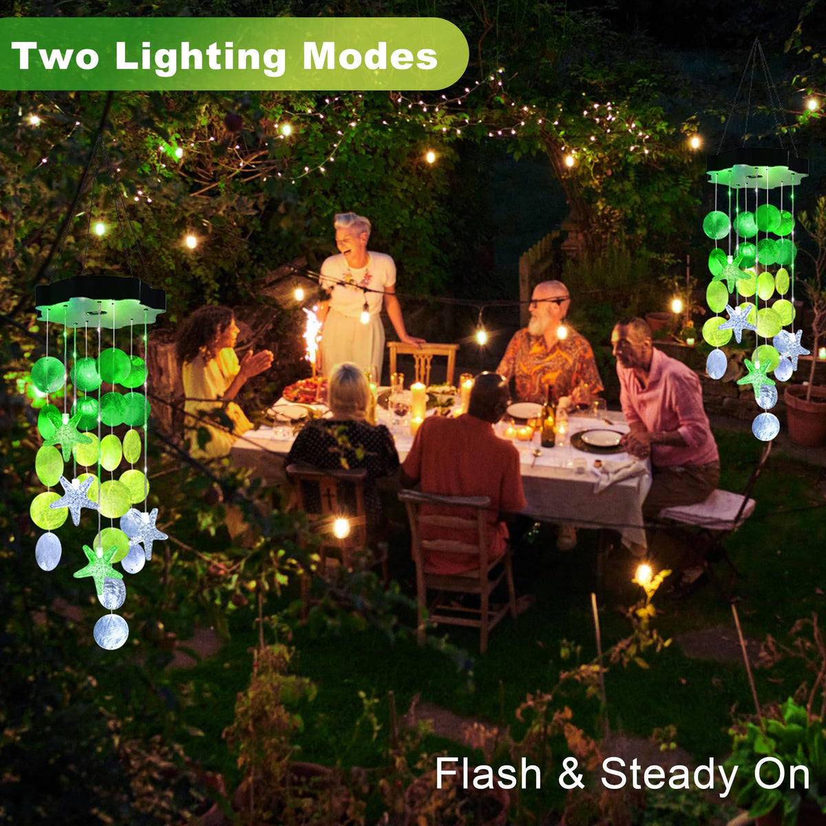 Zeiliuled Solar Shell Wind Chime decorates windows with green and white glow.