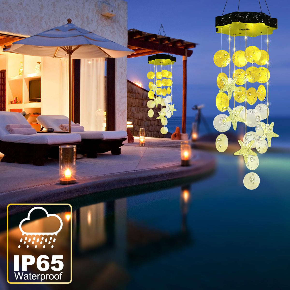 Zeiliuled Solar Shell Wind Chimes hung in the garden provide soft decorative lighting.