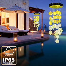 Zeiliuled Solar Shell Wind Chimes hung in the garden provide soft decorative lighting.