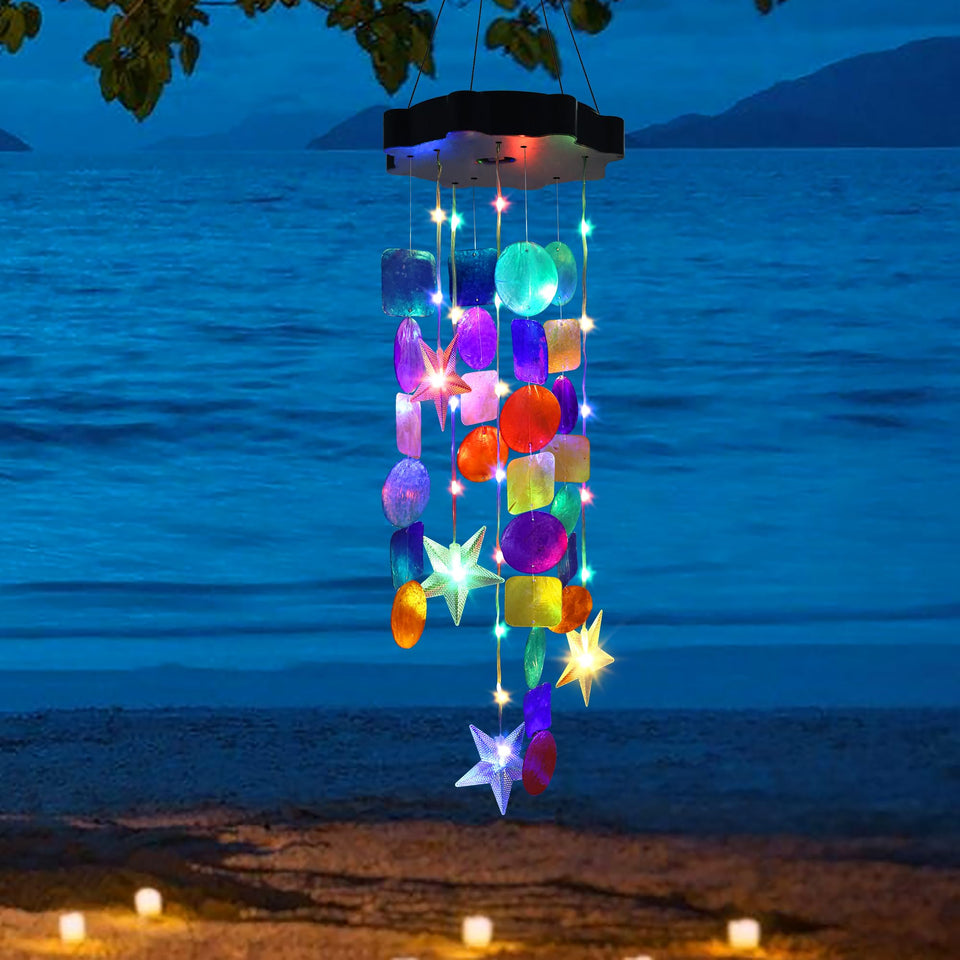 Zeiliuled Solar Shell Wind Chimes brighten outdoor garden scenes in sunlight.