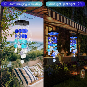 Zeiliuled White-Blue Shell Wind Chimes on patio add festive lighting.