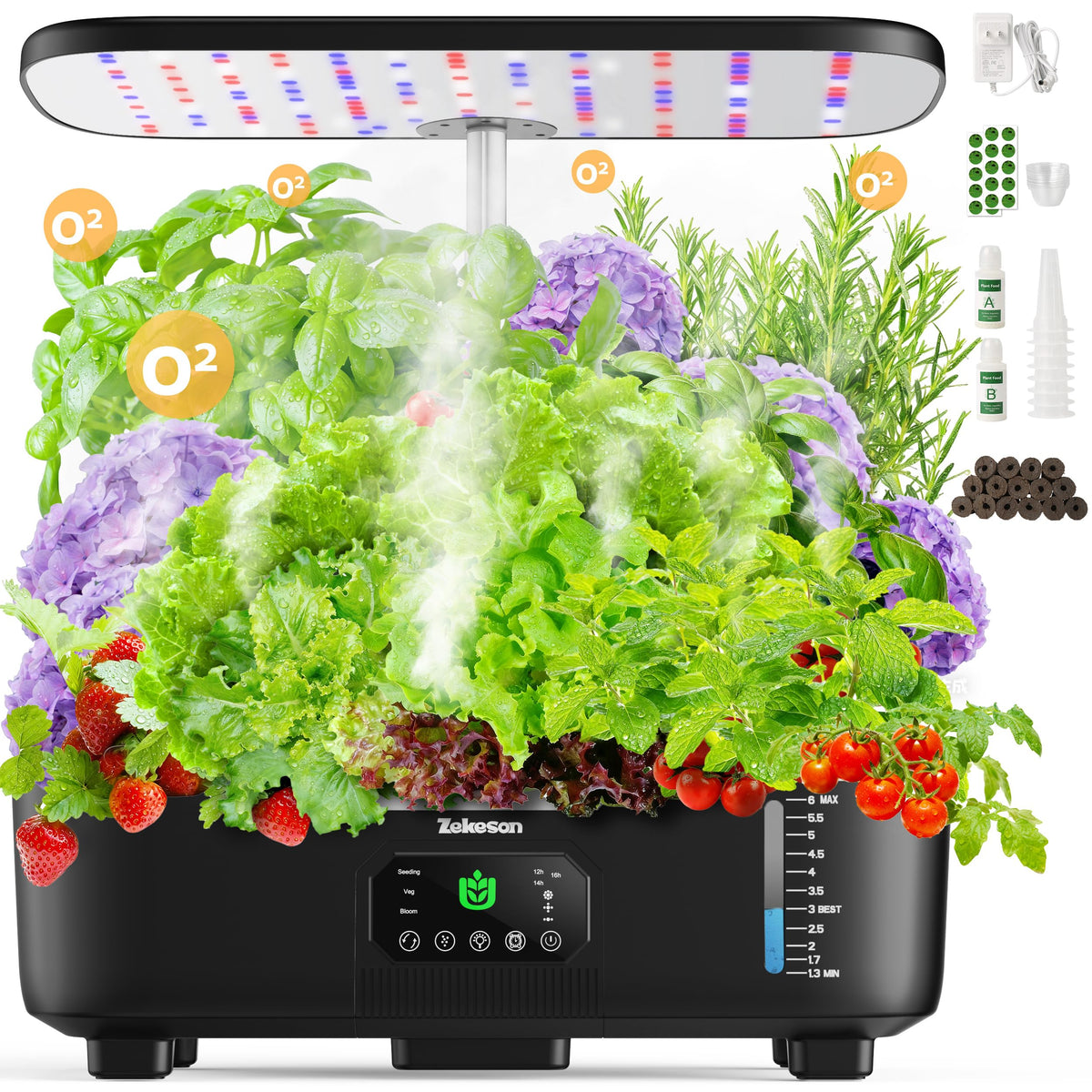 Zekeson Misting hydroponic garden with 15 pods, compact indoor growing for herbs, convenient year-round harvest.