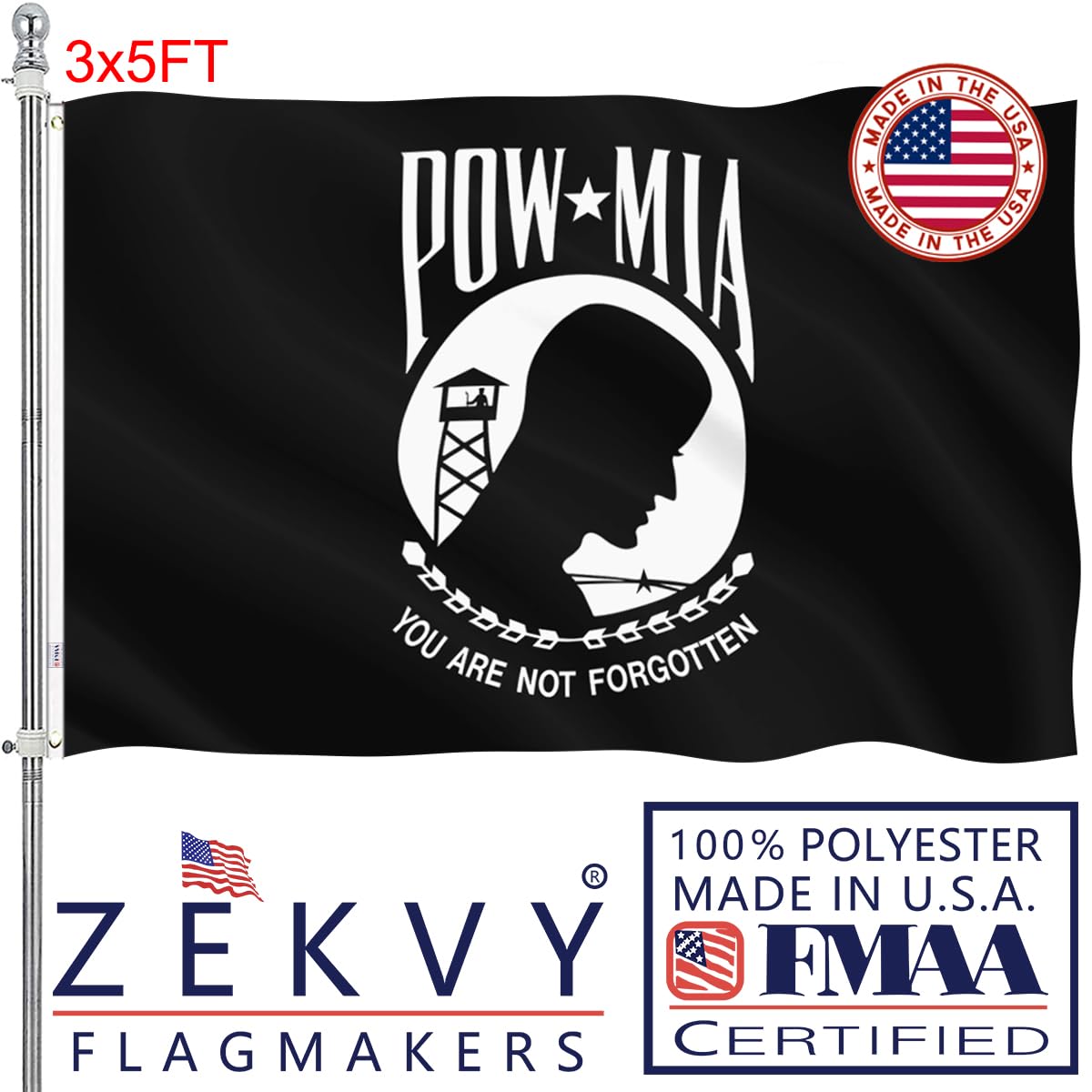 ZEKVY Pow Flag 3x5 outdoor front view showing vivid colors and durable fabric for outdoor displays