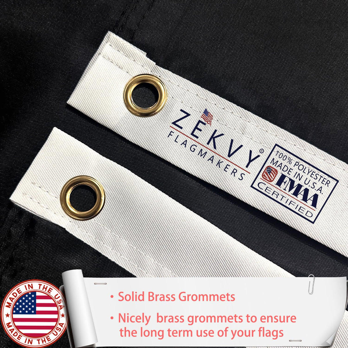 ZEKVY Pow Flag 3x5 Made in USA tag highlights authenticity and craftsmanship