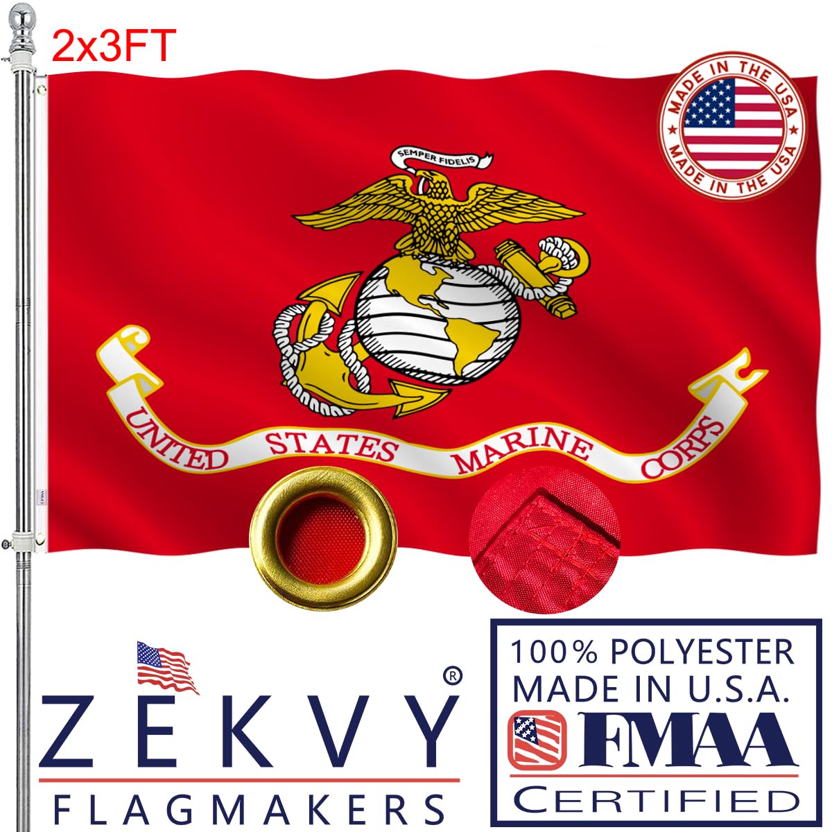 ZEKVY USMC flag 2x3 outdoor provides vivid color for durable outdoor display.