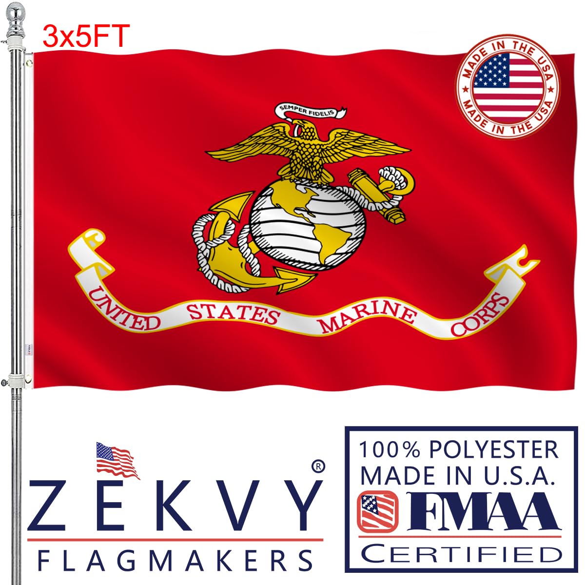 ZEKVY USMC flag 3x5 front view with vibrant colors for homes and offices.