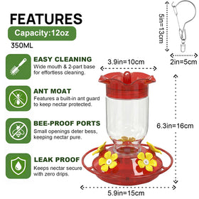 Zelpont feeder shows five ports and yellow flower tops attracting hummingbirds