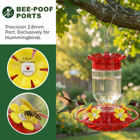 Zelpont bee-proof ports keep bees away from nectar while hummingbirds feed