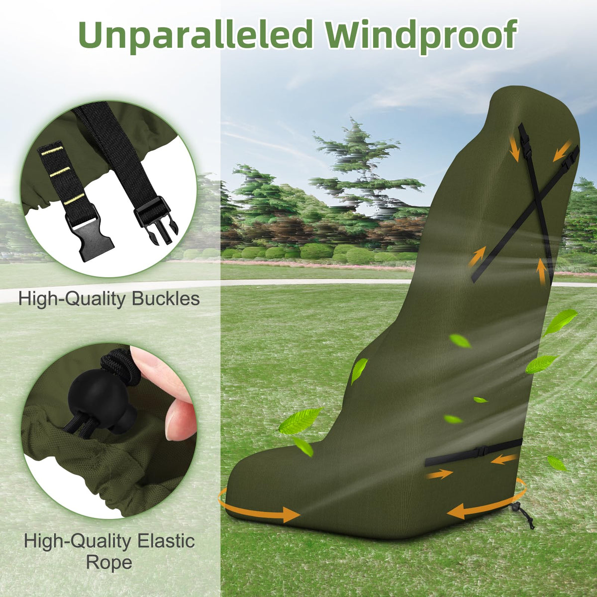 Zenicham Push Mower Cover side view shows secure fit in windy conditions.
