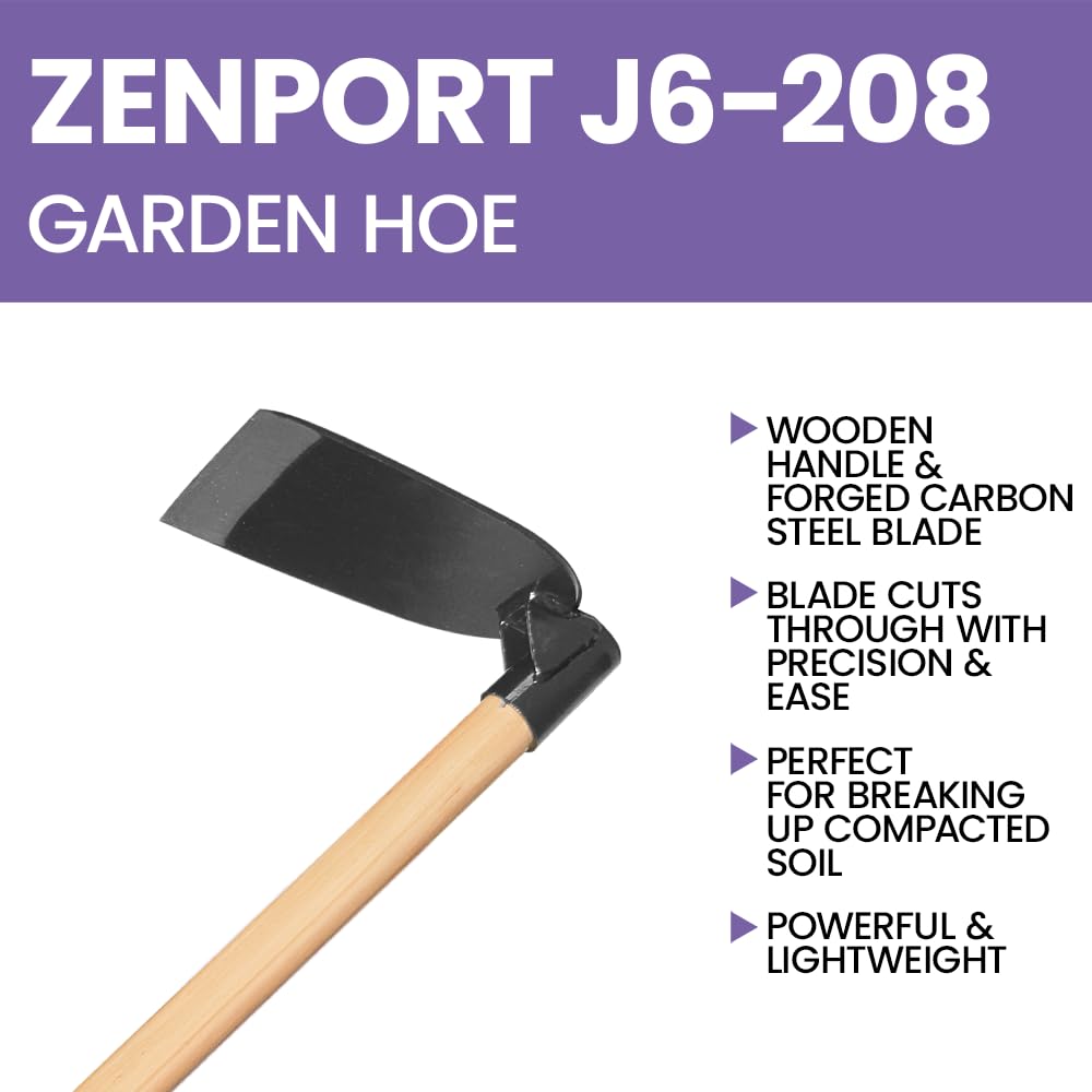 Zenport Hoe J6-208 head measures 8 by 5 inches for efficient cultivation.