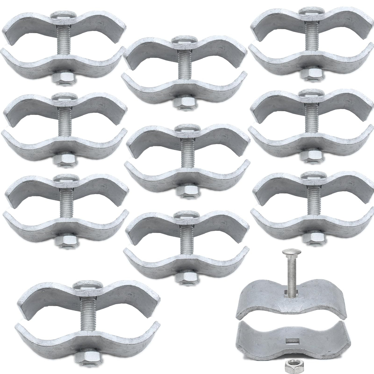 Zentriqlla kennel clamp with bolts and nuts securing 1-3/8in pipes for temporary kennels.