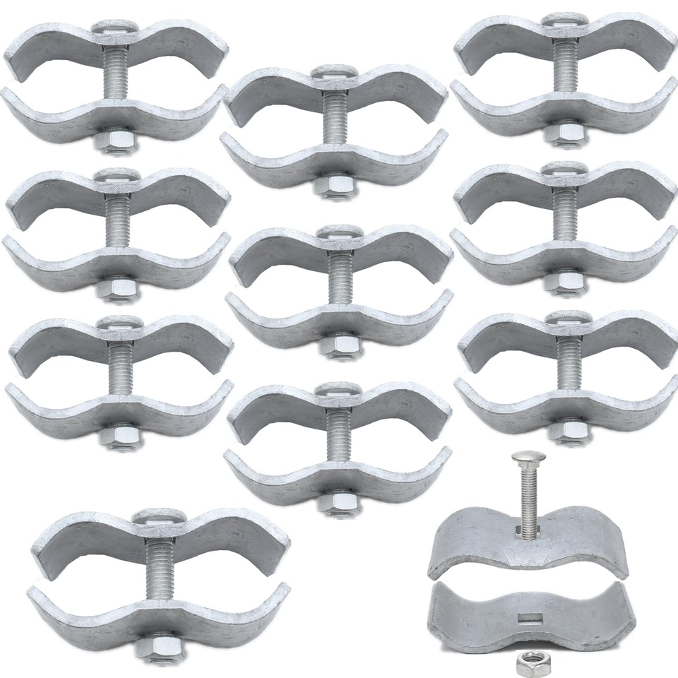 Zentriqlla kennel clamp with bolts and nuts securing 1-3/8in pipes for temporary kennels.