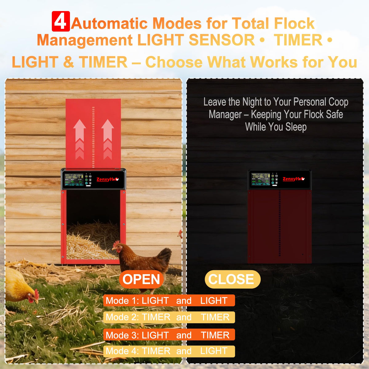 ZenxyHoC anti-pinch safety system protects curious chickens during operation.