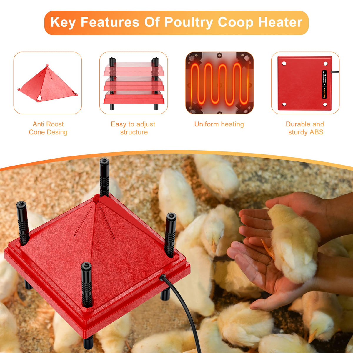 Stable four-leg base prevents tipping during brooding with ZenxyHoC plate