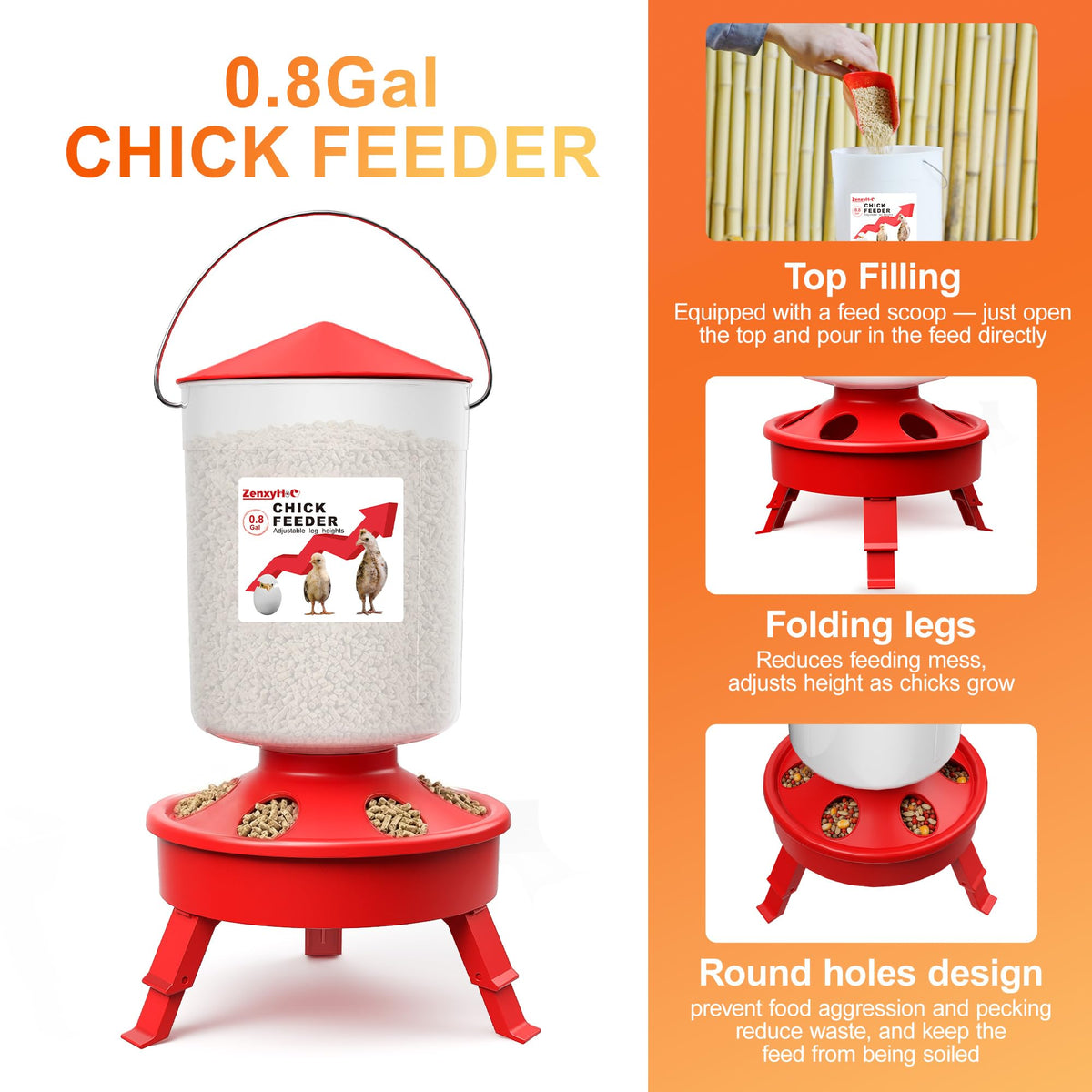 ZenxyHoC chick waterer with adjustable legs for safer hydration.