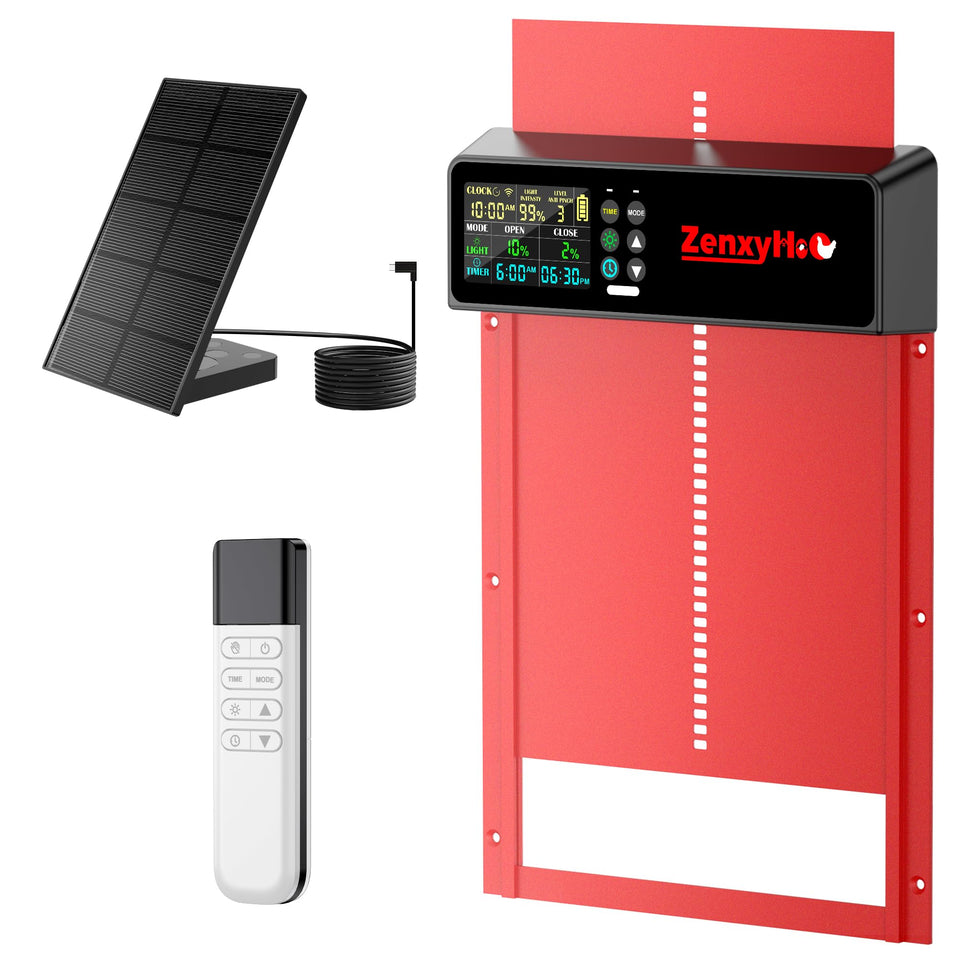 ZenxyHoC solar coop door auto opens at dawn, powering your flock with clean solar energy.