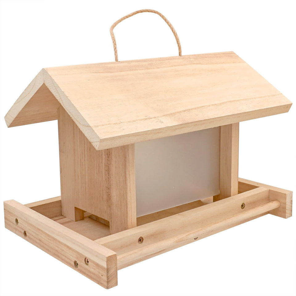 Zeqeey hanging wooden bird feeder front view showing natural garden integration and appeal for backyard birdwatching