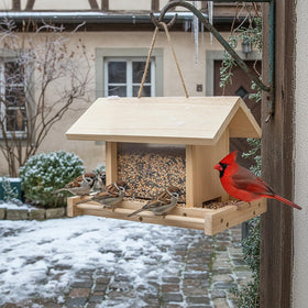 Zeqeey hanging wooden bird feeder with lid open for easy refilling seeds and nuts
