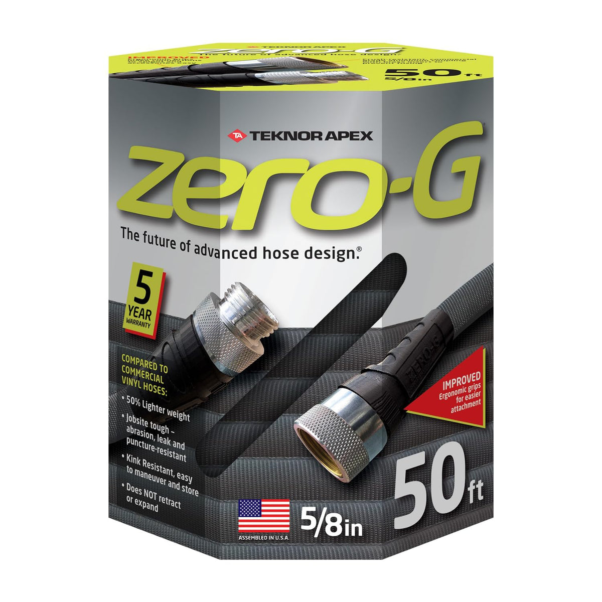 Zero-G hose coiled for easy storage and lightweight handling.