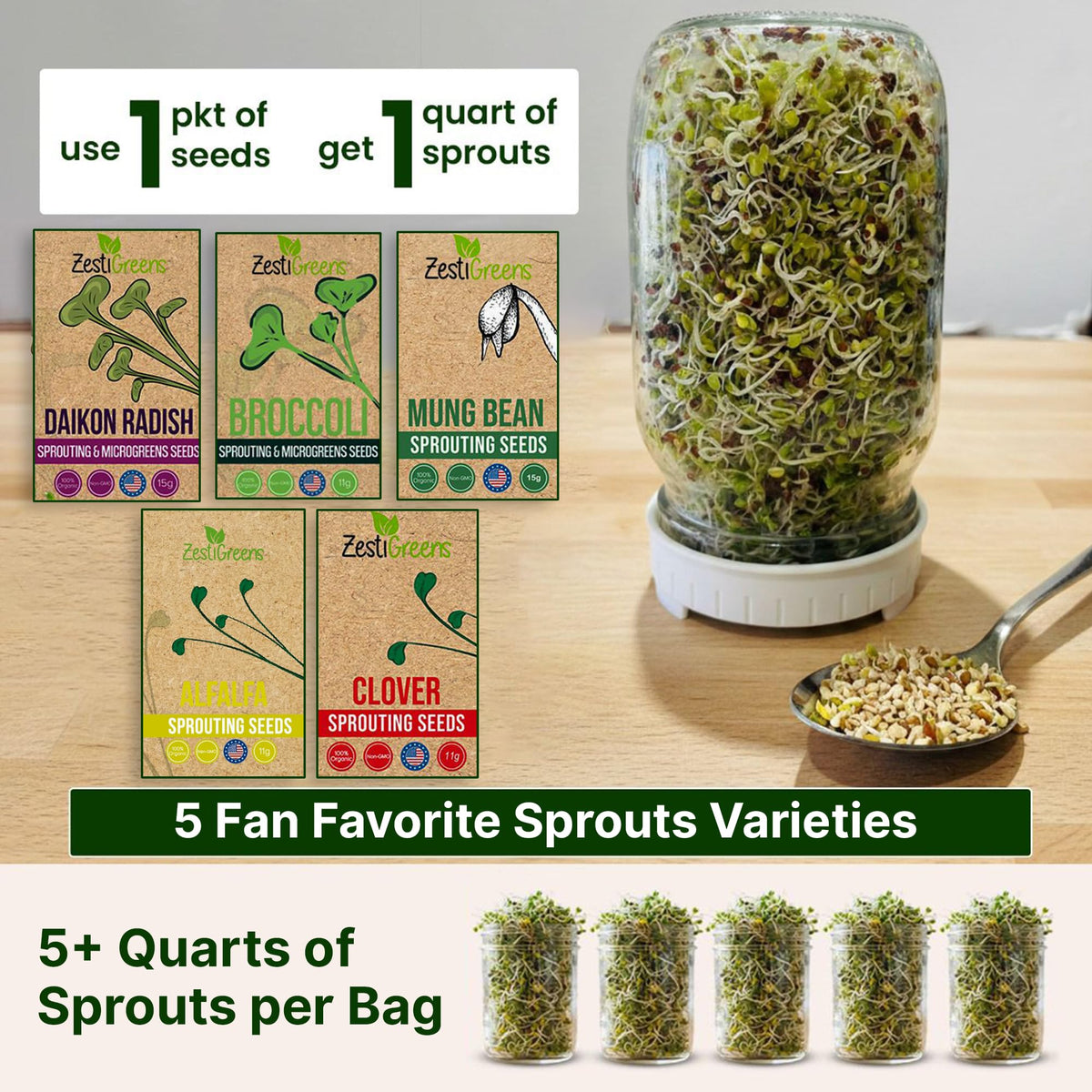 ZestiGreens alfalfa seed pack for crisp garden-fresh sprouts.