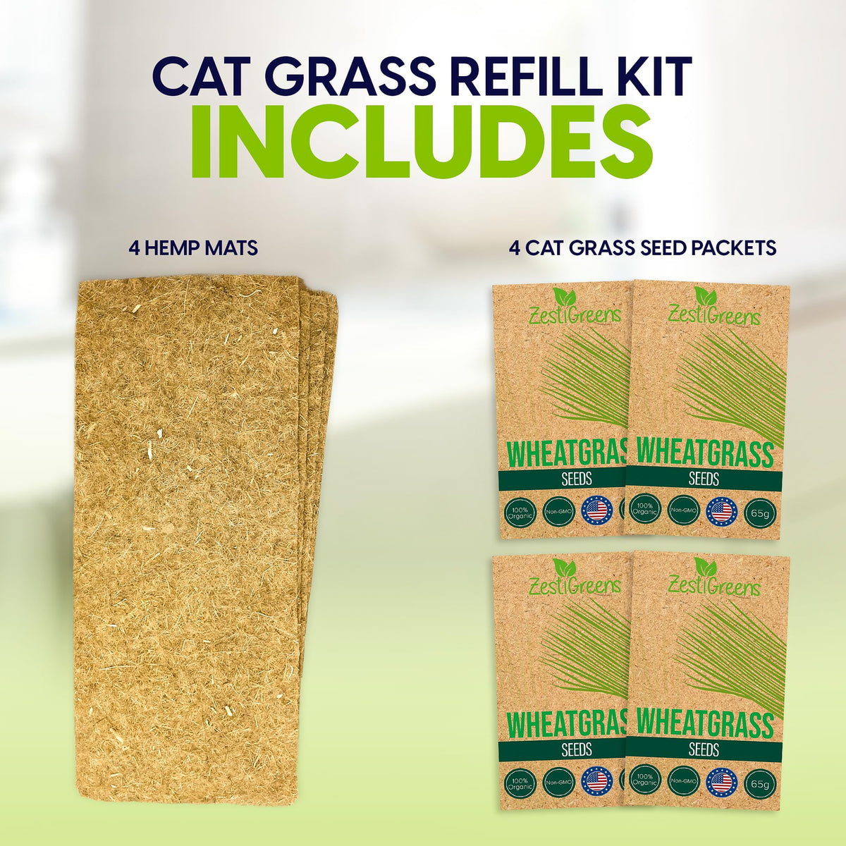 ZESTIGREENS self-watering cat grass kit shown ready to grow indoors.