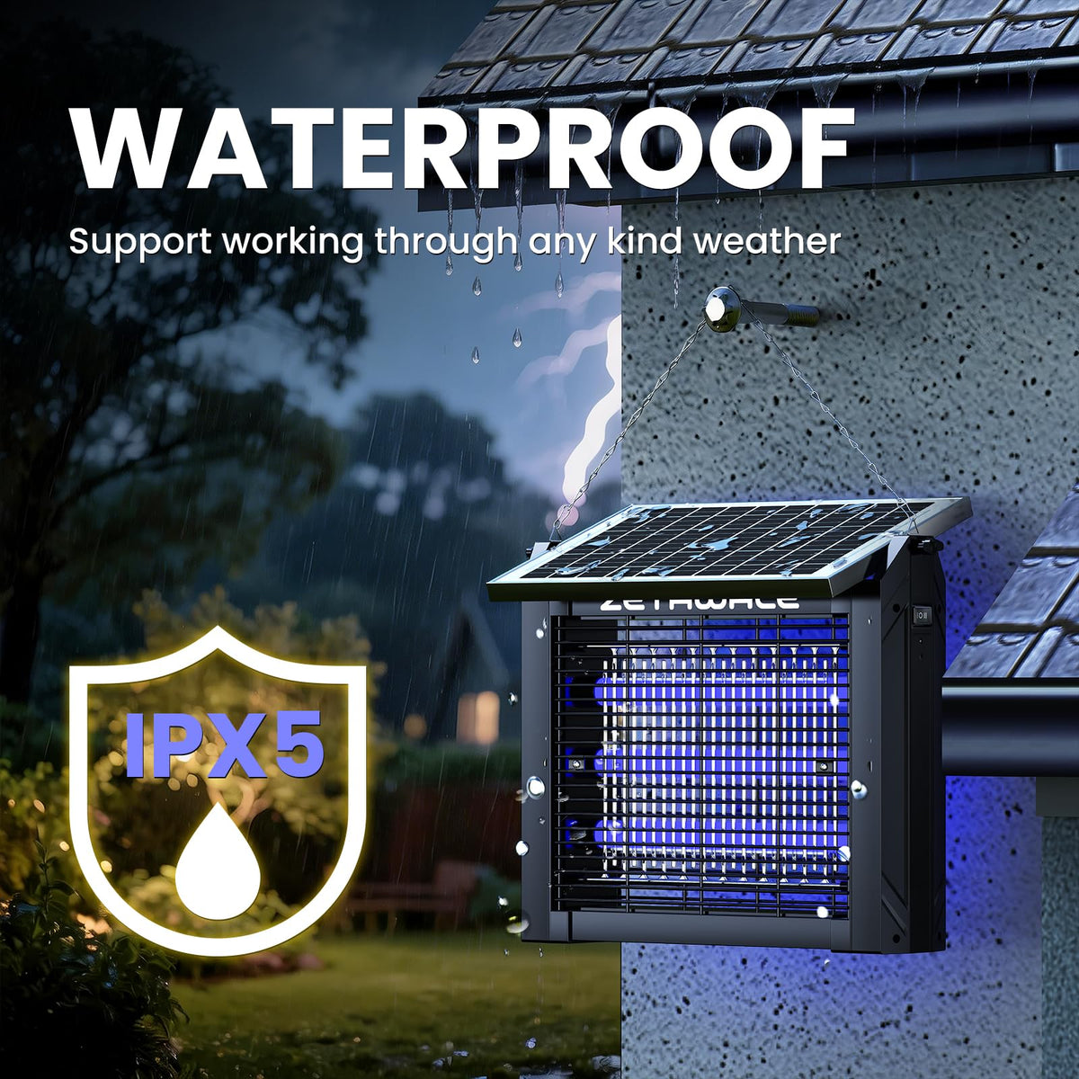 ZETAWALE ambient-light mode adds subtle yard illumination for outdoor spaces.