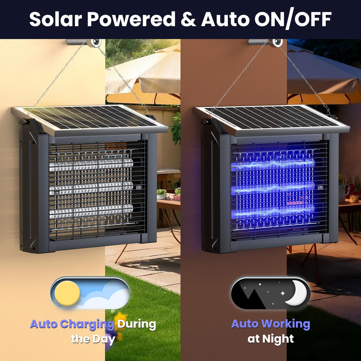 ZETAWALE zapper in auto dusk-dawn mode demonstrates smart evening operation.