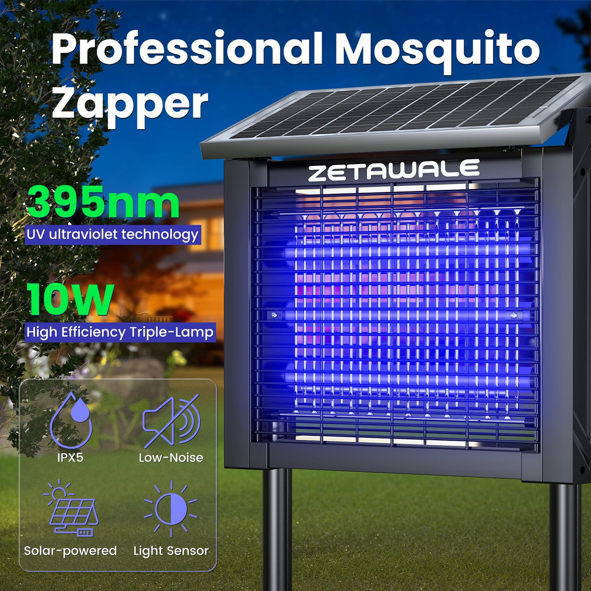 ZETAWALE bug zapper shows 2000 sq ft coverage for lawns and gardens.
