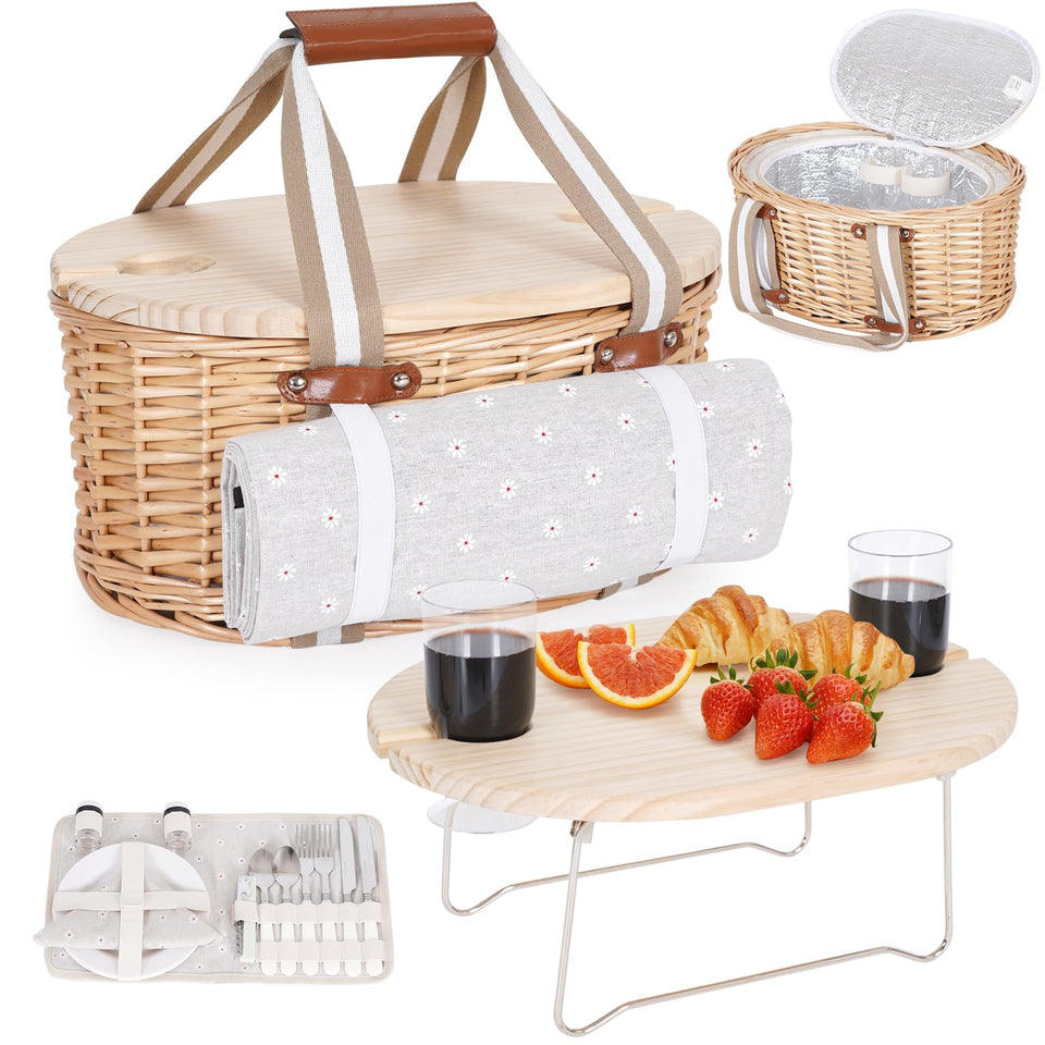Zettfuly 2-person wicker picnic basket with sturdy handle for easy outdoor dining