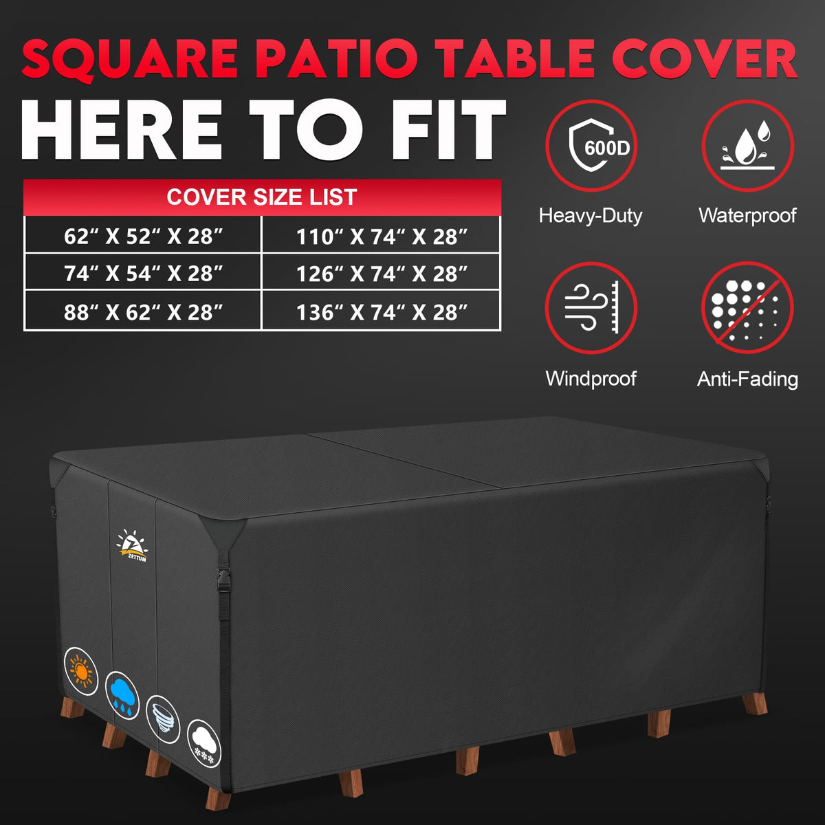 Zettum 600D waterproof oxford fabric provides durable outdoor protection.