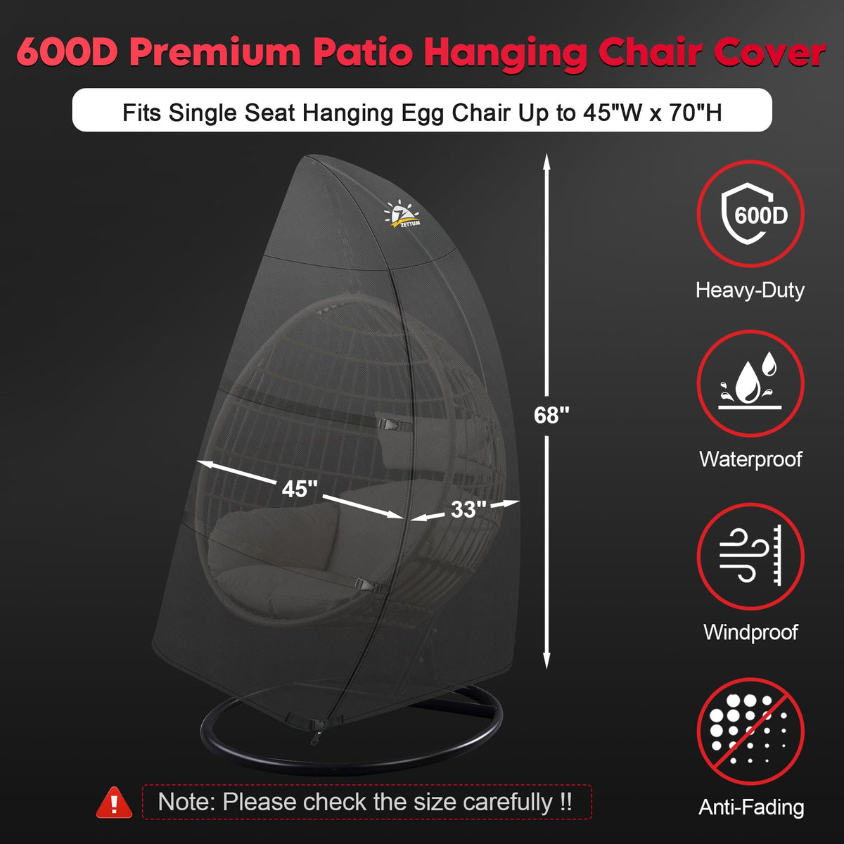 Zettum Egg Chair Cover side view shows snug fit for windy conditions.