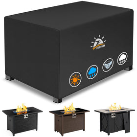 Zettum fire pit cover on a patio protecting a 42x24-inch rectangular fire table.