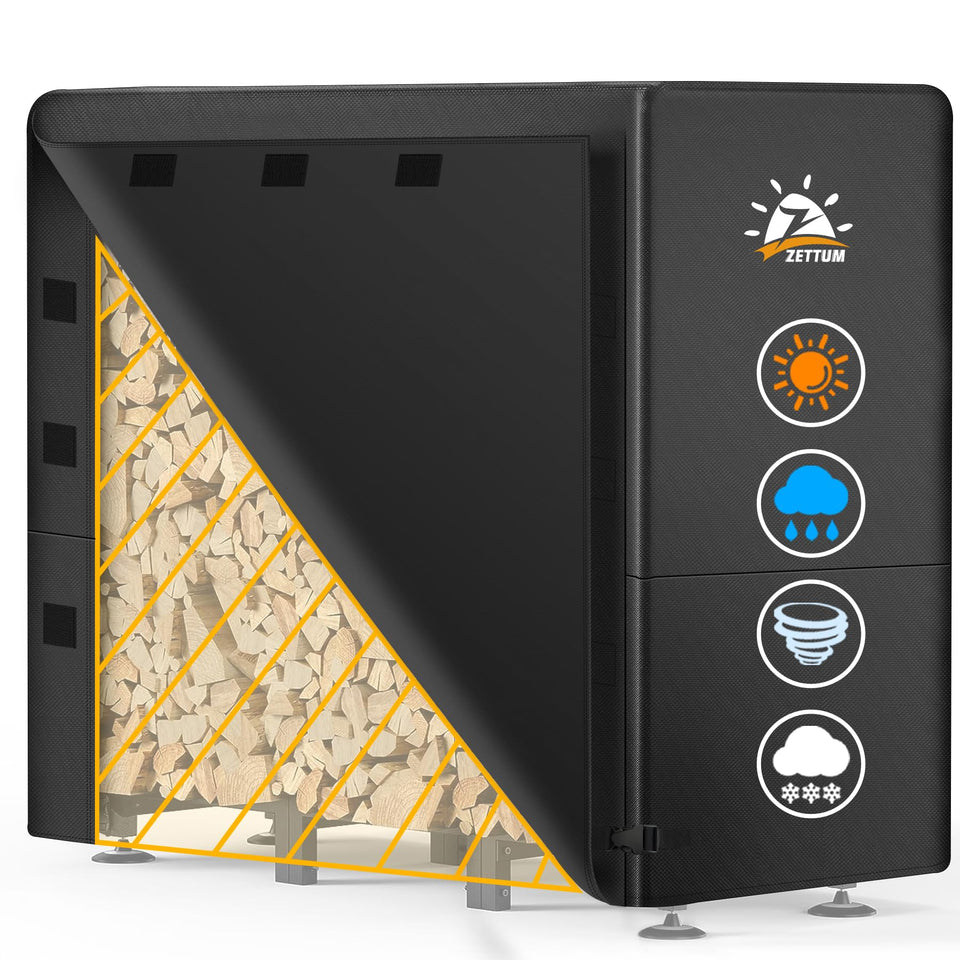 Zettum firewood rack cover on a 4ft rack protects wood from rain and debris