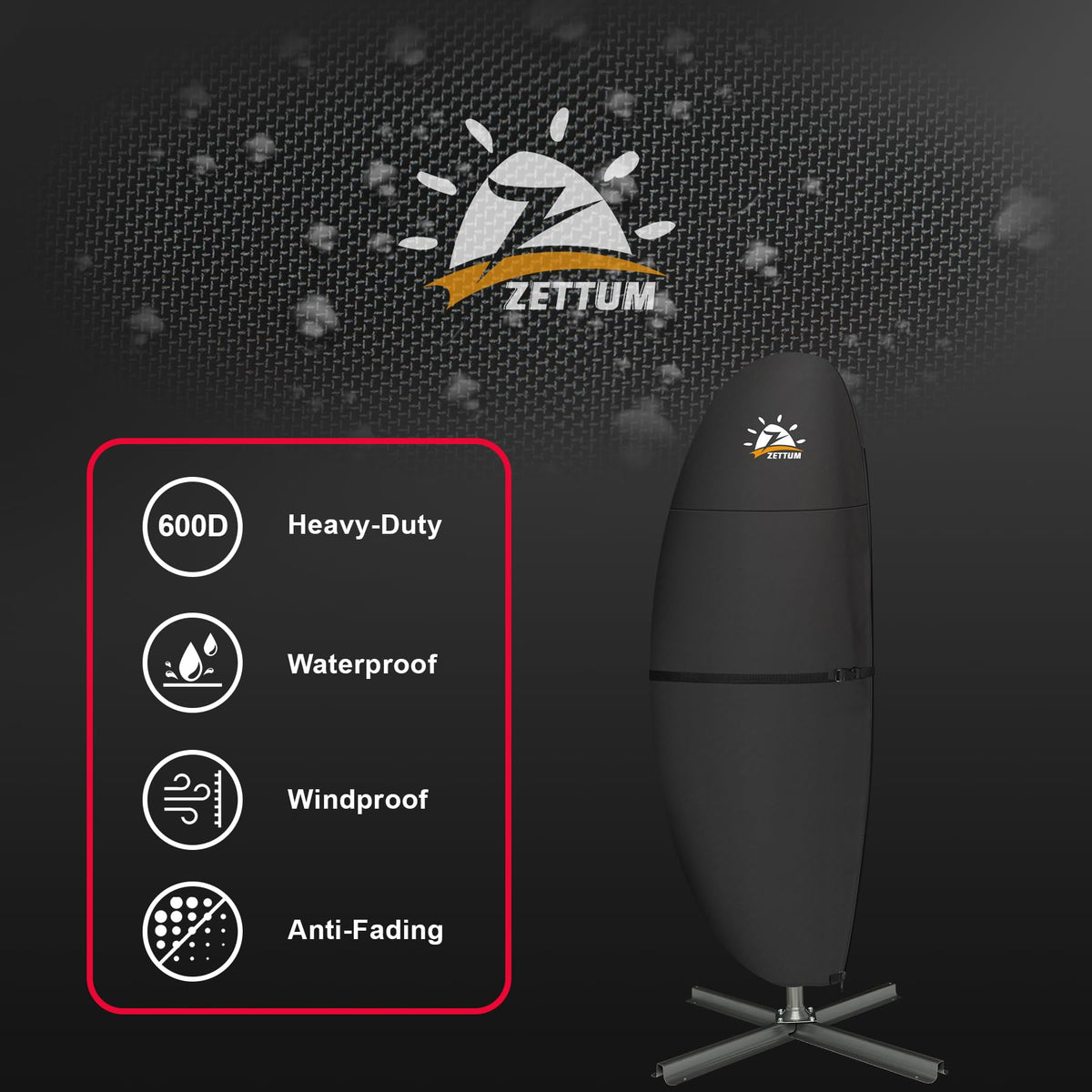 Zettum offset umbrella cover easy-install design saves setup time.