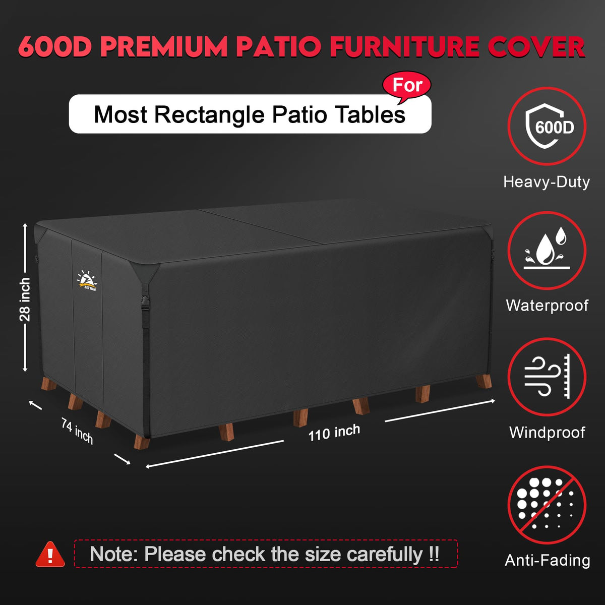 Zettum cover shields 110-inch table and chair set from weather and dust.
