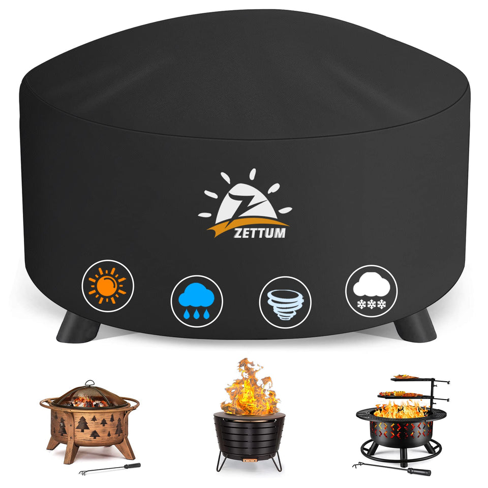 Zettum round 36-inch fire pit cover on a patio protecting against rain and debris
